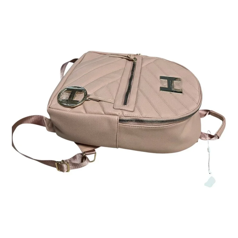 Halston Pink Quilted Faux Leather Backpack Bag – Gold Tone H Logo, NWT